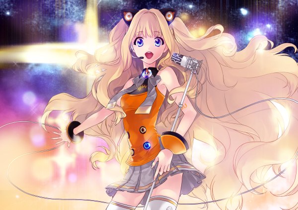 Anime picture 2400x1693 with vocaloid seeu chloe2021 single long hair highres open mouth blue eyes blonde hair girl skirt miniskirt bracelet microphone microphone stand