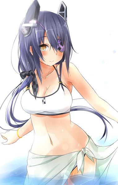 Anime picture 2000x3149 with kantai collection tenryuu light cruiser saku (kudrove) single long hair tall image looking at viewer blush fringe highres breasts simple background smile large breasts white background bare shoulders brown eyes purple hair bare belly partially submerged