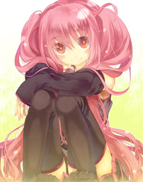 Anime picture 1100x1400 with vocaloid hatsune miku sakura miku paranato (artist) single long hair tall image smile red eyes sitting twintails pink hair girl thighhighs black thighhighs detached sleeves