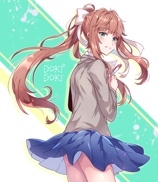 Anime picture 785x900 with doki doki literature club monika (doki doki literature club) aicedrop single long hair tall image looking at viewer blush fringe light erotic simple background smile brown hair standing holding green eyes signed payot ponytail blunt bangs