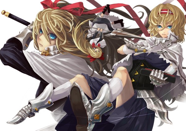 Anime picture 1367x967 with touhou alice margatroid fujinohara akihira long hair short hair blue eyes blonde hair simple background white background multiple girls girl dress gloves bow weapon 2 girls hair bow hairband book (books) spear