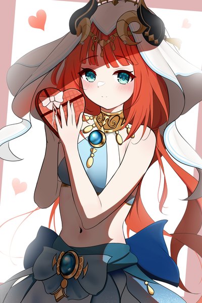 Anime picture 2400x3600 with genshin impact nilou (genshin impact) knosdeba single long hair tall image looking at viewer blush fringe highres simple background white background twintails bare shoulders holding red hair blunt bangs horn (horns) aqua eyes light smile