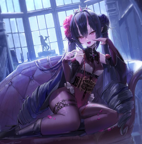 Anime picture 4000x4031 with original freng single tall image looking at viewer blush fringe highres breasts open mouth light erotic black hair smile hair between eyes red eyes sitting twintails bare shoulders holding payot