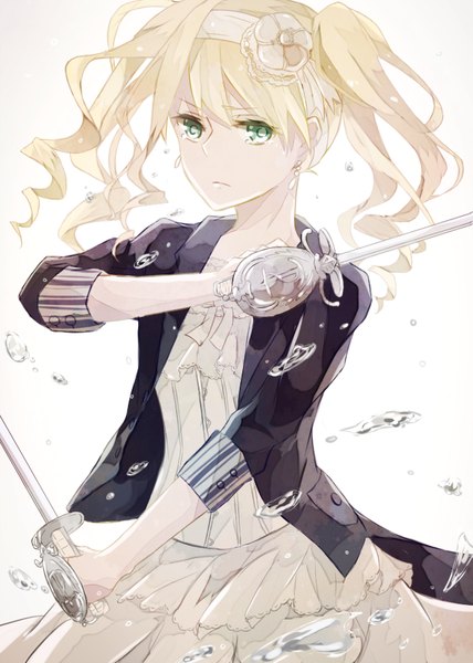 Anime picture 650x910 with kuroshitsuji a-1 pictures elizabeth middleford omamon single long hair tall image fringe simple background blonde hair white background twintails green eyes looking away tears drill hair fighting stance girl dress hair ornament