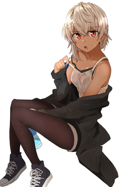 Anime picture 2348x3654 with original kazenoko single tall image looking at viewer fringe highres short hair open mouth simple background blonde hair hair between eyes red eyes white background off shoulder dark skin strap slip wet clothes girl pantyhose