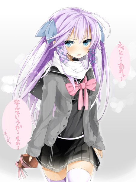 Anime picture 1000x1333 with original kazu kakao single long hair tall image blush open mouth blue eyes simple background white background twintails purple hair girl thighhighs skirt miniskirt white thighhighs serafuku bowtie scarf
