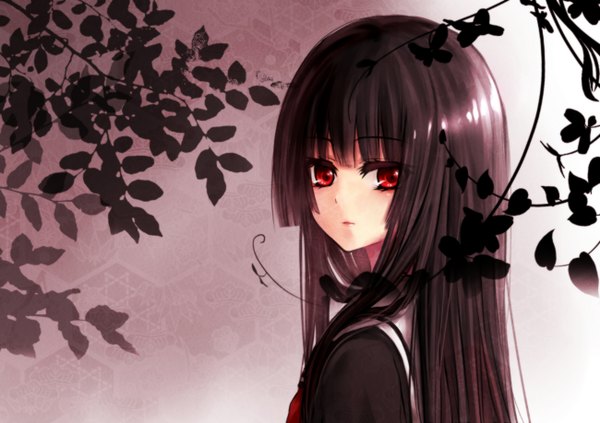 Anime picture 1300x918 with hell girl studio deen enma ai akano sakura single long hair looking at viewer black hair red eyes girl serafuku leaf (leaves)