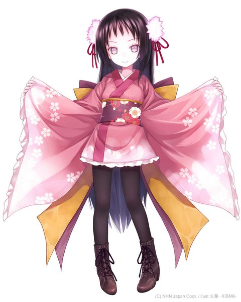 Anime picture 800x1000 with original capriccio single tall image looking at viewer black hair simple background smile white background purple eyes full body very long hair traditional clothes japanese clothes wide sleeves text floral print girl hair ornament ribbon (ribbons)