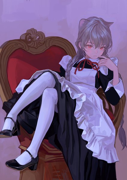 Anime picture 1000x1414 with original feiqizi (fkey) fkey single long hair tall image looking at viewer blush fringe simple background hair between eyes red eyes animal ears full body braid (braids) grey hair cat ears maid twin braids turning head