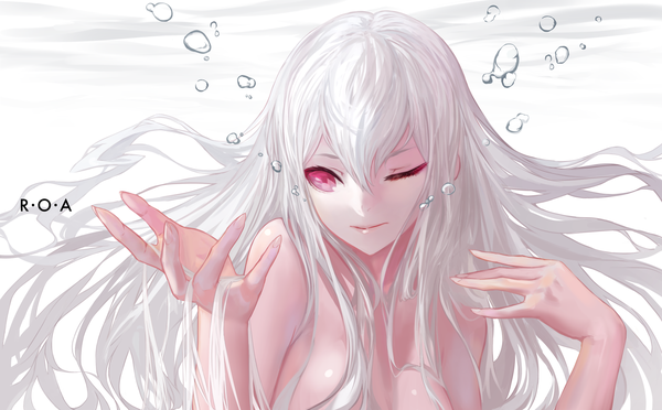 Anime picture 2000x1241 with original cancell single long hair fringe highres light erotic simple background hair between eyes wide image white background looking away upper body white hair one eye closed pink eyes light smile nude shiny skin floating hair
