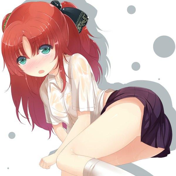 Anime picture 1000x1000 with original sts blush open mouth light erotic green eyes red hair girl skirt uniform bow hair bow school uniform miniskirt shirt socks white socks