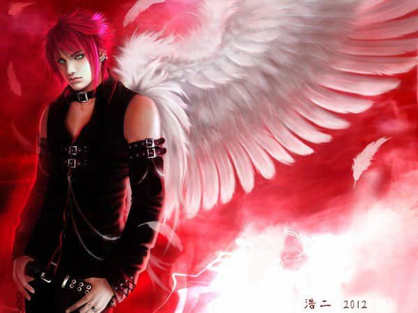 Anime picture 1024x768 with original k-koji single short hair green eyes signed pink hair tattoo angel wings boy detached sleeves earrings wings belt chain feather (feathers) ring collar