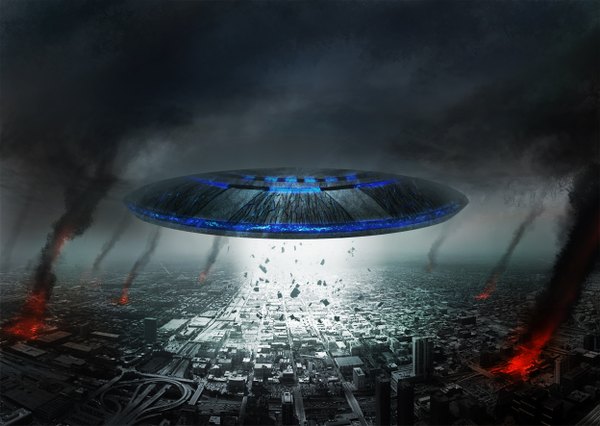 Anime picture 1247x886 with original zi ye (hbptcsg2) city light smoke cityscape flying destruction science fiction building (buildings) fire road spacecraft ufo flying saucer