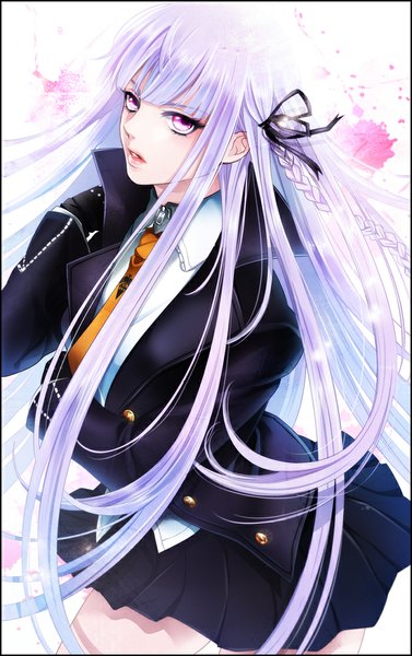 Anime picture 700x1114 with dangan ronpa kirigiri kyouko wii hola single long hair tall image looking at viewer purple eyes silver hair braid (braids) girl skirt gloves jacket black skirt