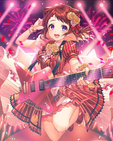 Anime picture 1500x1882 with bang dream! toyama kasumi kinty single tall image looking at viewer blush fringe short hair open mouth smile brown hair purple eyes holding full body bent knee (knees) :d hair flower arm up fingernails