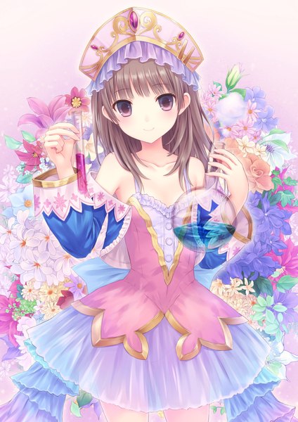 Anime picture 1447x2046 with atelier (series) atelier totori gust (company) totooria helmold n.g. single long hair tall image looking at viewer smile brown hair purple eyes bare shoulders girl dress flower (flowers)