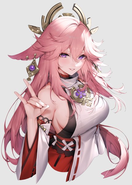 Anime picture 1024x1436 with genshin impact yae miko senchat single long hair tall image looking at viewer blush fringe breasts light erotic simple background smile hair between eyes purple eyes signed animal ears pink hair traditional clothes parted lips