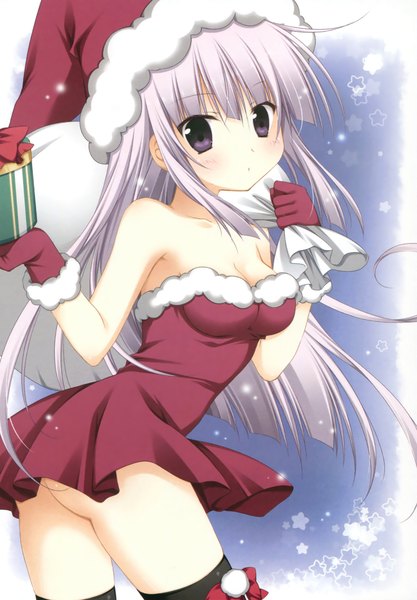 Anime picture 1607x2312 with alice or alice airi (alice or alice) korie riko single long hair tall image looking at viewer blush fringe breasts light erotic simple background large breasts standing purple eyes holding cleavage grey hair fur trim floating hair