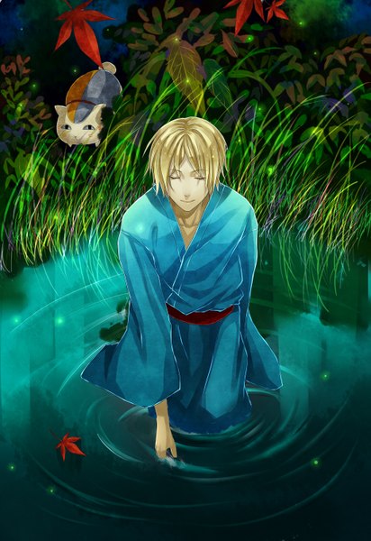 Anime picture 2031x2952 with natsume yuujinchou brains base (studio) natsume takashi madara (nyanko-sensei) canto tall image highres short hair blonde hair eyes closed japanese clothes light smile boy plant (plants) animal water leaf (leaves) cat grass