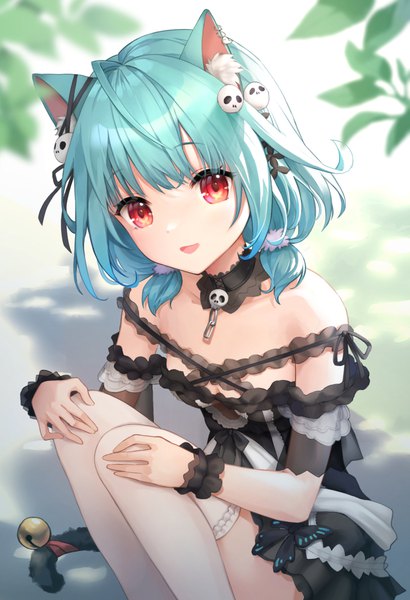 Anime picture 820x1200 with virtual youtuber hololive uruha rushia uruha rushia (3rd costume) chocofox single tall image looking at viewer fringe short hair breasts open mouth smile red eyes sitting twintails animal ears cleavage bent knee (knees) outdoors