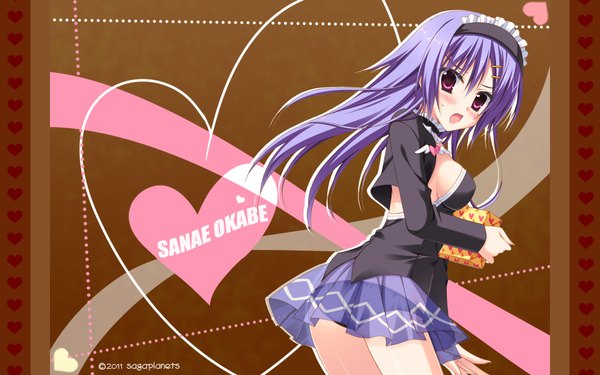 Anime picture 1920x1200 with kisaragi gold star (game) okabe sanae single long hair blush highres open mouth wide image purple eyes purple hair girl dress headdress heart gift