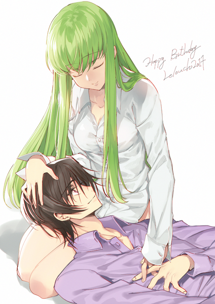 Anime picture 650x919 with code geass sunrise (studio) c.c. lelouch lamperouge creayus long hair tall image fringe short hair light erotic black hair simple background white background sitting purple eyes looking away cleavage bent knee (knees) eyes closed green hair