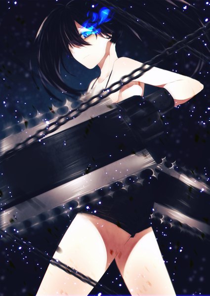 Anime picture 2149x3035 with black rock shooter black rock shooter (character) 23i2ko single long hair tall image fringe highres blue eyes black hair standing twintails bare shoulders looking back hair over one eye bare legs glowing glowing eye (eyes) girl weapon
