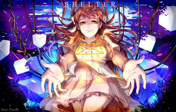 Anime picture 1000x639 with shelter (music video) rin (shelter) pinochi single fringe brown hair brown eyes signed sky bent knee (knees) parted lips sparkle shadow copyright name floating hair outstretched arm striped falling girl dress