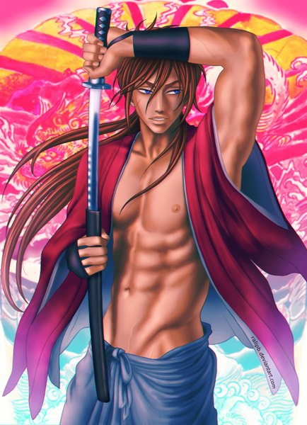 Anime picture 1024x1414 with rurouni kenshin himura kenshin ralipb single long hair tall image blue eyes light erotic brown hair signed looking away ponytail traditional clothes japanese clothes open clothes scar muscle unsheathing boy navel