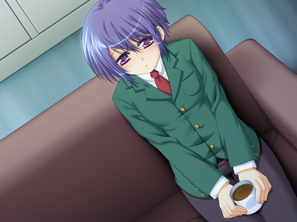 Anime picture 1024x768 with futari wa my angel single blush short hair sitting purple eyes blue hair game cg girl uniform school uniform