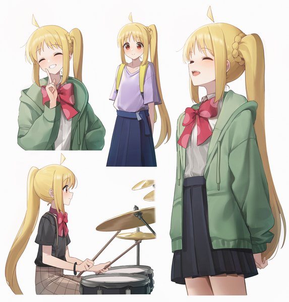Anime picture 2675x2800 with bocchi the rock! cloverworks ijichi nijika lunia long hair tall image highres simple background blonde hair smile red eyes white background ahoge eyes closed profile open jacket grin side ponytail multiview ^ ^