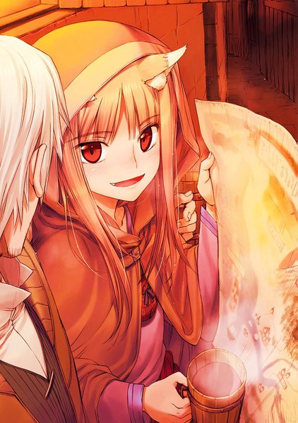 Anime-Bild 1055x1500 mit spice and wolf horo craft lawrence long hair tall image open mouth red eyes brown hair holding animal ears white hair official art fang (fangs) couple hug wolf ears wolf girl girl hood mug