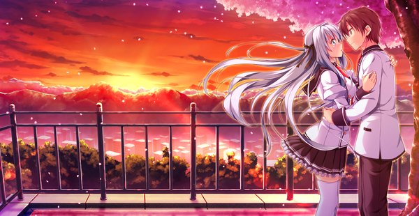 Anime picture 1486x768 with erect! lunastia astyr piromizu long hair blue eyes black hair wide image game cg white hair couple evening sunset girl thighhighs boy skirt uniform school uniform miniskirt petals