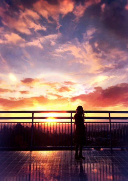 Anime picture 764x1080 with original mahiro (mahiroht) single long hair tall image fringe standing full body eyes closed light smile from above lips sunlight city reflection cityscape hands in pockets silhouette morning sunrise
