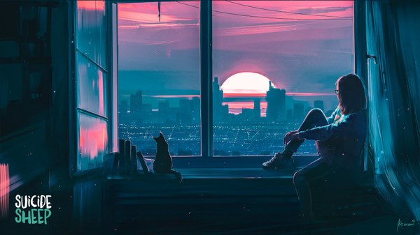 Anime picture 1920x1080 with original aenami single highres short hair wide image sitting signed looking away indoors evening sunset city lights leg hug girl animal glasses window book (books) cat