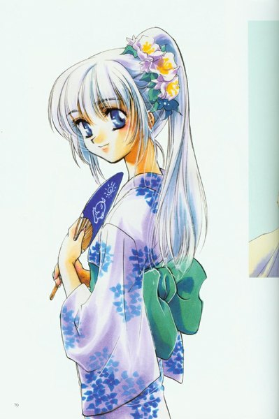 Anime picture 665x1000 with full metal panic! gonzo teletha testarossa single long hair tall image looking at viewer blue eyes white hair ponytail traditional clothes japanese clothes looking back hair flower light smile scan girl hair ornament flower (flowers) yukata