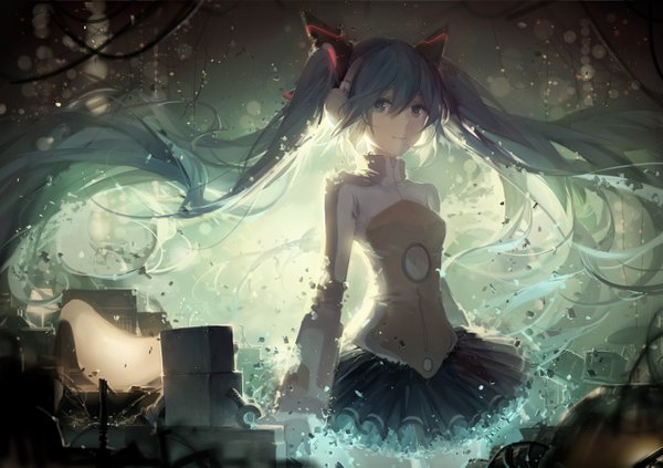 Anime picture 1500x1059 with vocaloid odds & ends (vocaloid) hatsune miku rella single twintails very long hair aqua eyes aqua hair sparkle light backlighting girl skirt headphones vest musical instrument lamp robot cable