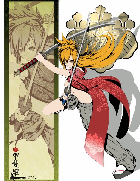 Anime picture 1000x1291 with ayase tamaki long hair tall image japanese clothes orange hair orange eyes girl weapon sword katana