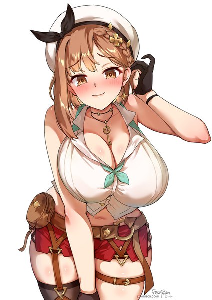Anime picture 778x1100 with atelier (series) atelier ryza gust (company) reisalin stout foxyrain single tall image looking at viewer blush fringe short hair breasts light erotic simple background smile brown hair white background bare shoulders brown eyes signed