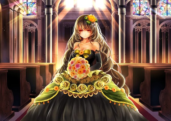 Anime picture 1416x1003 with original kasugaya single looking at viewer red eyes brown hair bare shoulders very long hair wavy hair girl dress gloves hair ornament flower (flowers) earrings elbow gloves bouquet