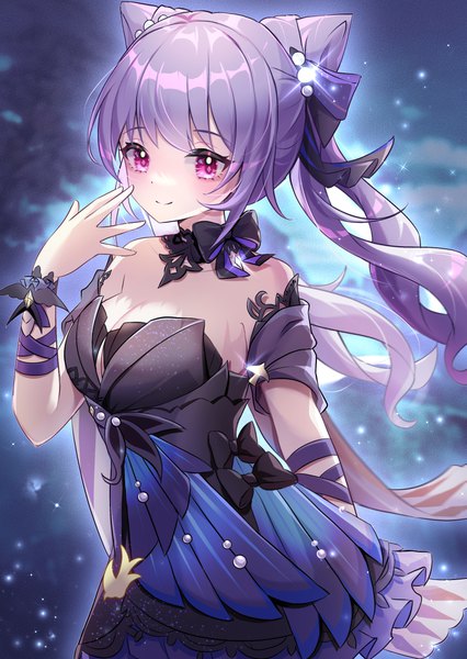 Anime picture 1722x2425 with genshin impact keqing (genshin impact) keqing (opulent splendor) (genshin impact) xiao xiao chuan single long hair tall image looking at viewer fringe highres breasts smile standing twintails bare shoulders payot cleavage purple hair cloud (clouds) outdoors