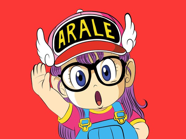 Anime picture 2048x1536 with dr. slump toei animation norimaki arale alexel64 single long hair looking at viewer fringe highres open mouth blue eyes simple background purple hair arm up :o character names red background girl glasses baseball cap
