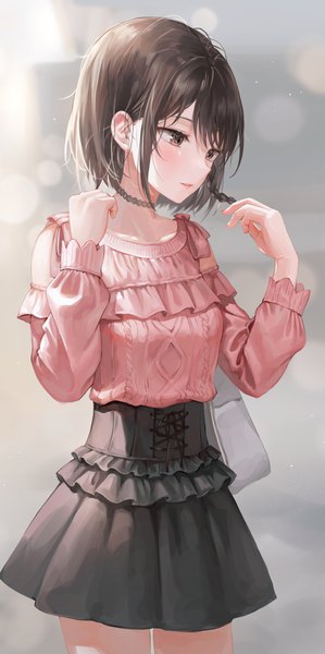 Anime picture 1495x3000 with original tokkyu single tall image blush fringe short hair brown hair standing brown eyes looking away braid (braids) long sleeves parted lips arms up side braid holding hair girl skirt detached sleeves