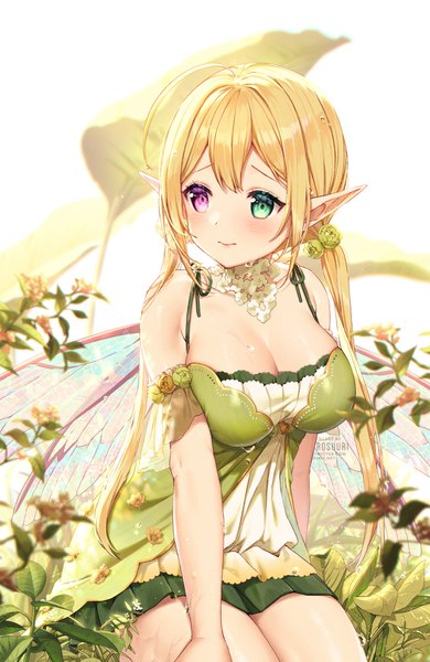 Anime picture 1100x1692 with original rosuuri single long hair tall image blush fringe breasts light erotic simple background blonde hair large breasts white background sitting twintails bare shoulders green eyes signed payot looking away