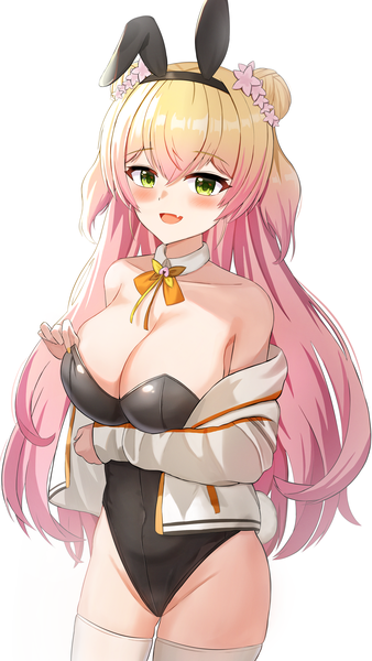 Anime picture 2704x4800 with virtual youtuber hololive momosuzu nene iv (iv70311741) single long hair tall image looking at viewer blush fringe highres breasts open mouth light erotic simple background blonde hair smile hair between eyes large breasts standing