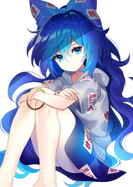 Anime picture 1254x1771 with touhou yorigami shion yuujin (yuzinn333) single tall image looking at viewer fringe blue eyes simple background hair between eyes white background sitting blue hair very long hair bare legs girl bow hair bow bracelet