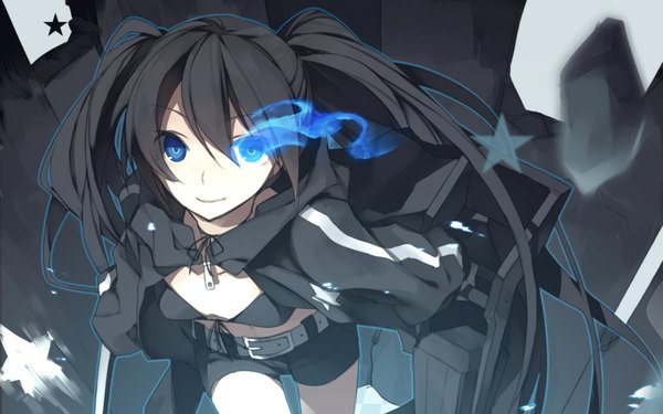 Anime picture 1920x1200 with black rock shooter black rock shooter (character) single long hair looking at viewer highres blue eyes black hair wide image twintails glowing glowing eye (eyes) girl weapon shorts bikini top