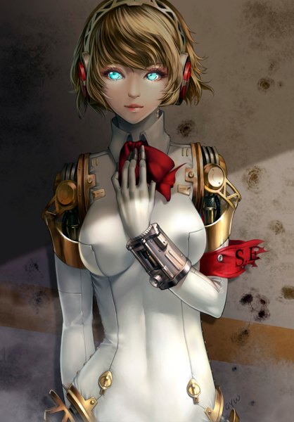 Anime picture 1024x1470 with persona 3 shin megami tensei persona aegis gyworz single tall image looking at viewer short hair blue eyes blonde hair smile brown hair signed aqua eyes glowing mechanical mechanical parts girl headphones