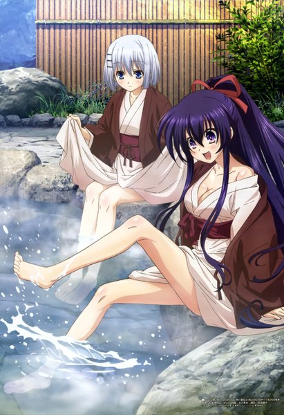 Anime picture 4070x5935 with date a live megami magazine yatogami tooka tobiichi origami long hair tall image blush highres short hair open mouth blue eyes sitting purple eyes multiple girls blue hair absurdres white hair ponytail traditional clothes japanese clothes