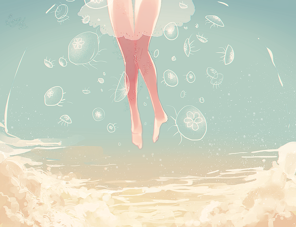 Anime picture 1695x1300 with original hzrn (ymj924) single barefoot bare legs no shoes light no face girl dress water transparent clothing bubble (bubbles) jellyfish